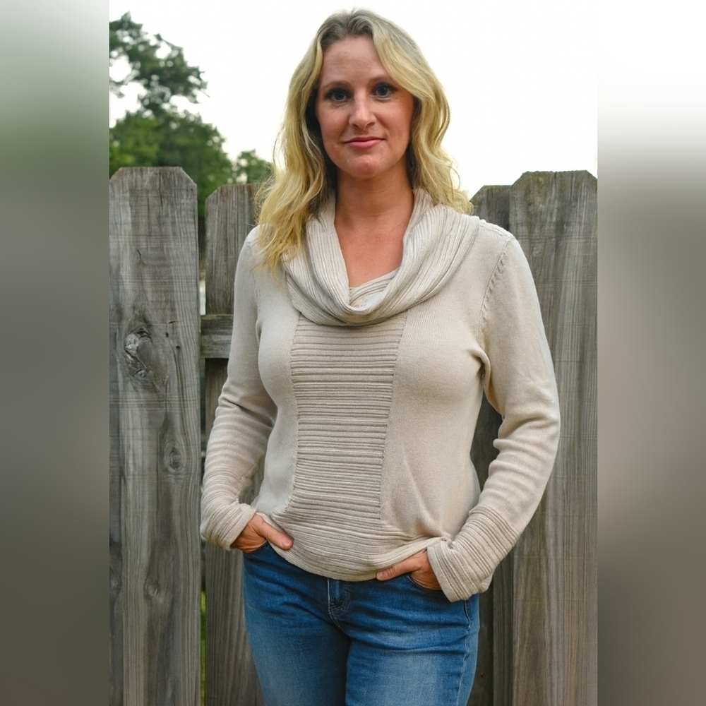 Calvin Klein Medium Cowl Neck Sweater Beige Texture Winter Comfy Long Oversized - Picture 2 of 6